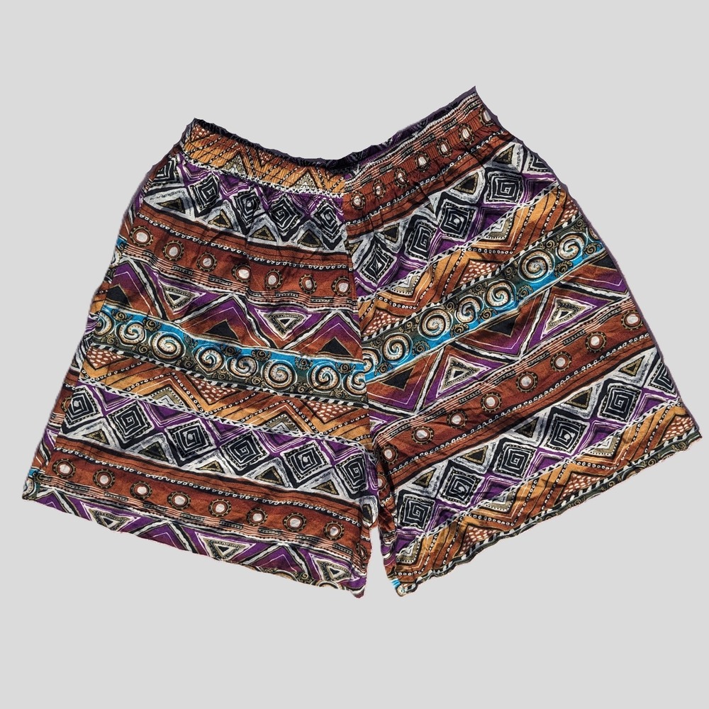 Vintage 90s Rayon Geometric Shorts M Gold Detail Boho Hippie Wide Leg Festival - Picture 1 of 11